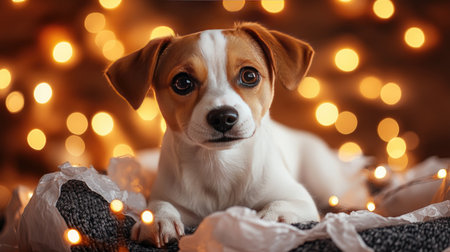 Puppy surrounded by torn wrapping paper and glowing string lights on a party nightの素材