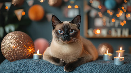 Siamese cat stretched out near flickering candles and glittery banners at an indoor partyの素材