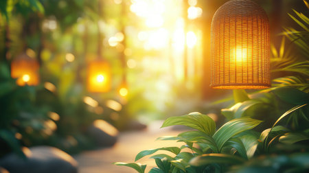 Coastal-style dining space with rattan hanging lamps and soft ambient daylight from open windowsの素材