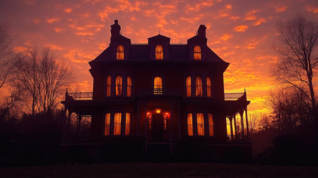 Subtle silhouette of a haunted house with soft sunset behind drifting cloudsの素材