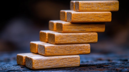 Dominoes arranged to form a staircase, implying growth and achievement through collective effortの素材