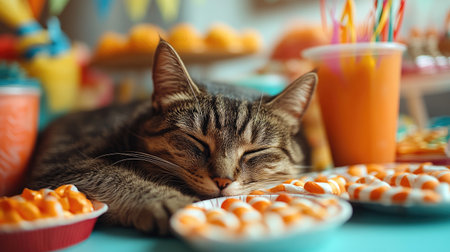 Sleepy cat curled up beneath a party table filled with neon treats and streamersの素材