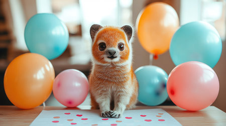 Chinchilla on a table edge, near pastel colored balloons and cake decorationsの素材