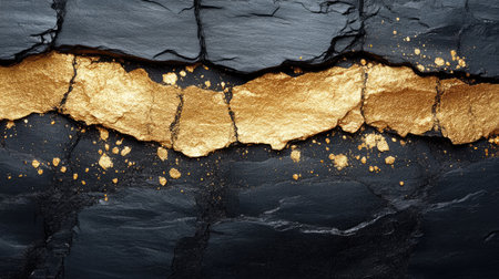 Soft gold dust scattered over rough black stone texture, glowing subtly with ambient backlightの素材