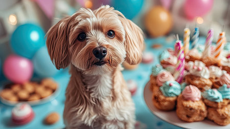 Small dog sitting near a cake table filled with treats and party streamers in a cozy roomの素材