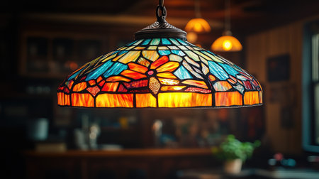 Retro hanging lamp with stained glass panels casting colorful light patterns on nearby wallsの素材