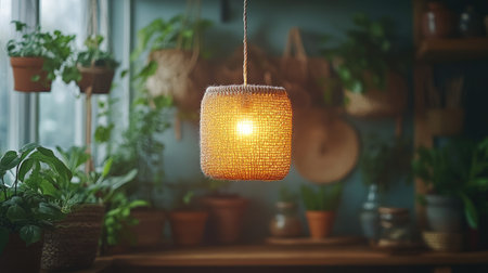 Bohemian interior with macramÃ© hanging lamp surrounded by plants and natural texturesの素材