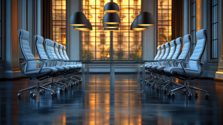 Sleek office space with matte black hanging lamps casting clean light on a glass conference tableの素材