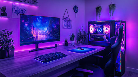 Gaming station with glowing PC case, LED mousepad, and wall decor in purple-blue tonesの素材