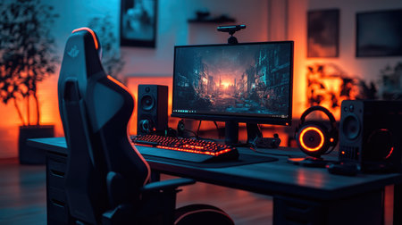 Aesthetically organized gamer desk with bright keycap lighting, clean backdrop, and color matching gearの素材