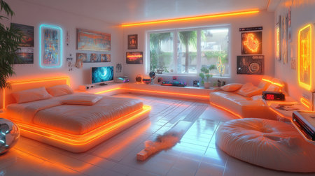 Neon cyberpunk-themed gaming room with futuristic lighting and reactive RGB furnitureの素材