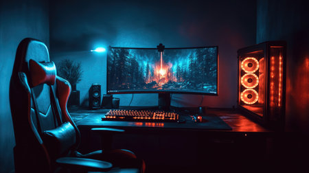 Neon cyberpunk-themed gaming room with futuristic lighting and reactive RGB furnitureの素材