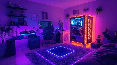 Gaming station with glowing PC case, LED mousepad, and wall decor in purple-blue tonesの素材