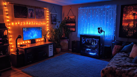 Cool-toned gaming corner with blue ambient lights, plush carpet, and headset stand glowing subtlyの素材