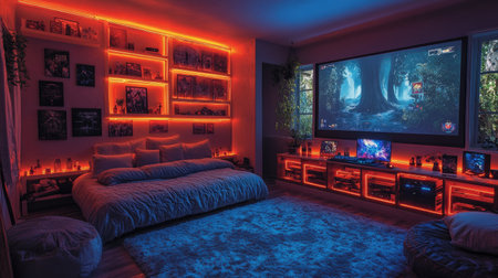 Compact gaming room with projector screen, glowing shelves, and organized LED-lit gaming deskの素材