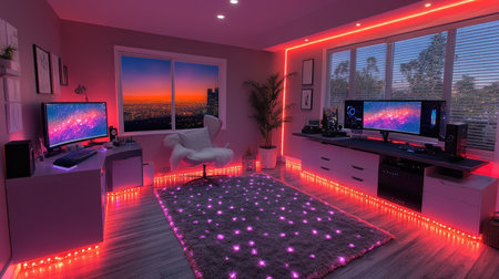 PC gaming room setup with a sleek modern desk, LED accents, and glowing floor lightsの素材