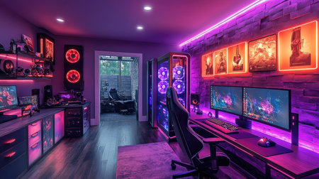 Immersive gaming space with RGB lights, mechanical keyboard, and vibrant wall-mounted sound panelsの素材