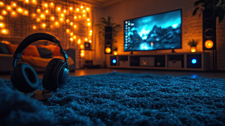 Cool-toned gaming corner with blue ambient lights, plush carpet, and headset stand glowing subtlyの素材