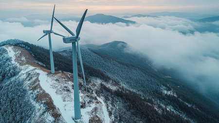 Wind turbines on snowy mountainsides, generating energy in harsh, icy environments with crystal skiesの素材