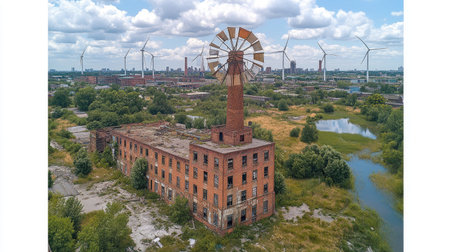 Green energy transition visualized with windmills replacing smokestacks on a reclaimed industrial siteの素材