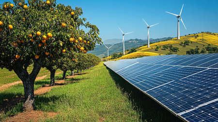 A futuristic clean energy farm with wind turbines and solar panels integrated into a lush natural environmentの素材