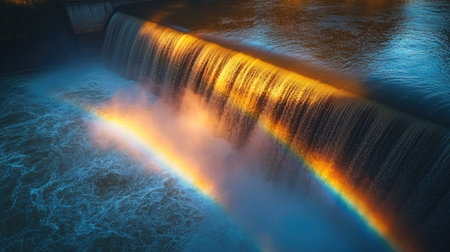 Hydroelectric dam releasing water with mist and rainbows forming, symbolizing power from natural sourcesの素材