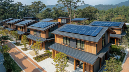 Aerial view of solar rooftops on modern buildings surrounded by trees and sustainable infrastructureの素材