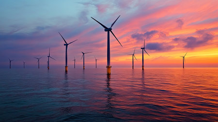 Offshore wind turbines rising from calm ocean water, spinning gently under dramatic clouds and evening lightの素材