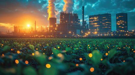 Bioenergy power plant surrounded by green crops and clean skies, emitting no visible smoke or pollutionの素材
