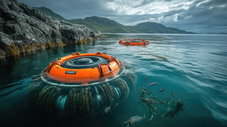 Tidal energy generators anchored beneath calm coastal waters with marine life and reflections aboveの素材