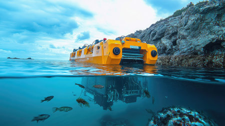 Tidal energy generators anchored beneath calm coastal waters with marine life and reflections aboveの素材