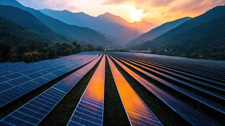 Rows of solar panels stretching across a field, reflecting sunlight with mountains and sky in the backgroundの素材