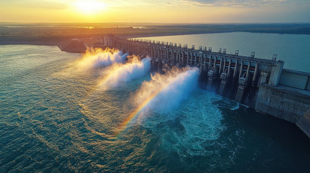 Hydroelectric dam releasing water with mist and rainbows forming, symbolizing power from natural sourcesの素材
