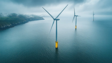 Offshore wind turbines rising from calm ocean water, spinning gently under dramatic clouds and evening lightの素材