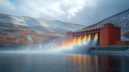 Hydroelectric dam releasing water with mist and rainbows forming, symbolizing power from natural sourcesの素材