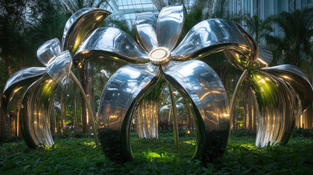 Solar flowers tracking sunlight in a smart solar garden surrounded by lush greenery and innovative designの素材