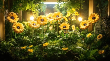 Solar flowers tracking sunlight in a smart solar garden surrounded by lush greenery and innovative designの素材