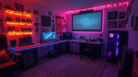 Compact gaming room with projector screen, glowing shelves, and organized LED-lit gaming deskの素材