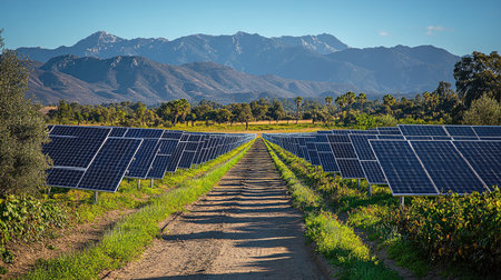Rows of solar panels stretching across a field, reflecting sunlight with mountains and sky in the backgroundの素材