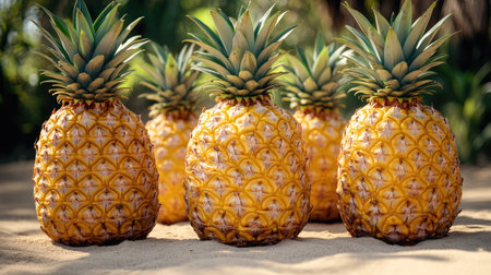 Juicy pineapples with perfectly trimmed crowns and smooth patterned skin standing upright on a sandy backgroundの素材