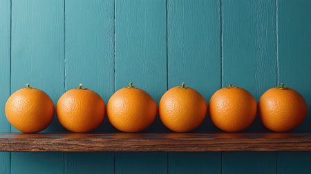 Aesthetic arrangement of perfectly round oranges with smooth skins and vivid color contrast on a wooden tableの素材