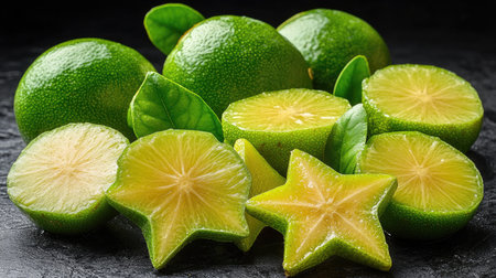 Sliced starfruit arranged in a geometric layout showing perfect cuts and glossy golden-green skinの素材