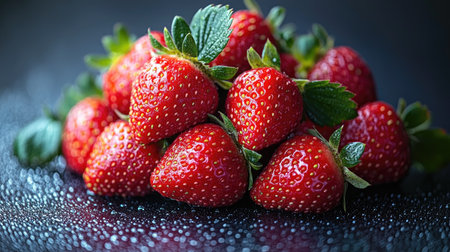 A pile of flawless, ripe strawberries with vibrant red color and fresh green leaves on a soft, dewy surfaceの素材