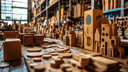 Layered display of natural packaging materials with translucent circular graphs visualizing sustainability scoreの素材