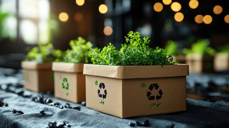 Clean kraft food containers on textured linen with subtle eco-icons and numbers reflecting recycling efficiencyの素材