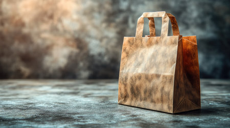 Kraft paper takeaway bag with visible texture and side gussets shown against a light neutral backdropの素材