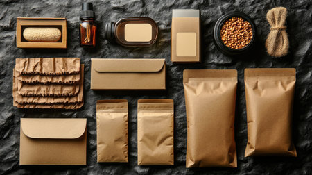 Flat lay of multiple kraft packaging styles including boxes, pouches, and labels on craft paperの素材