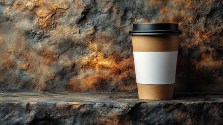 Kraft paper cup with blank sleeve and lid, standing on a smooth stone background for brand mockupの素材