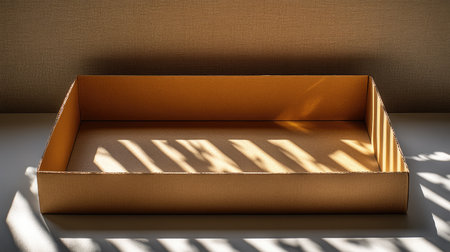 Open kraft carton with visible interior texture and strong shadows on a clean flat backgroundの素材