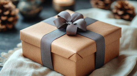 Kraft paper wrapped gift box with soft ribbon, placed on linen fabric for a rustic mockup sceneの素材